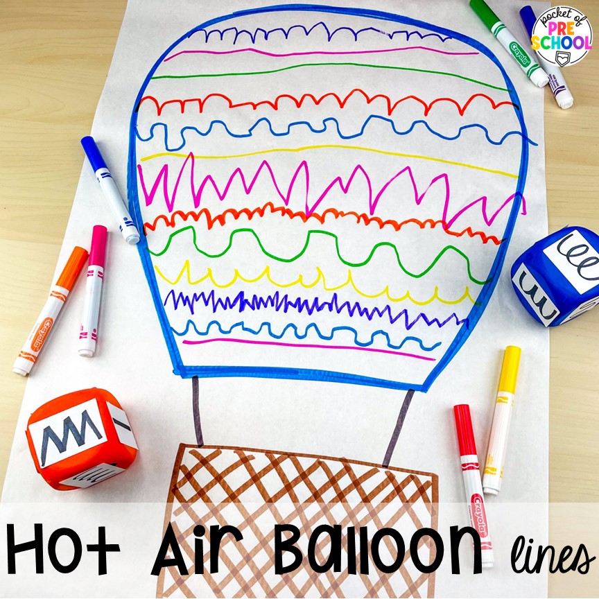 Transportation Butcher Paper Activities for Preschool, Pre-K, & Kindergarten 8 Hot Air Balloon Lines! Make learning fun and hands-on with these transportation butcher paper activities for math, literacy, and fine motor.