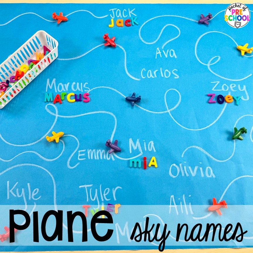 Transportation Butcher Paper Activities for Preschool, Pre-K, & Kindergarten 3 Plane sky names! Make learning fun and hands-on with these transportation butcher paper activities for math, literacy, and fine motor.