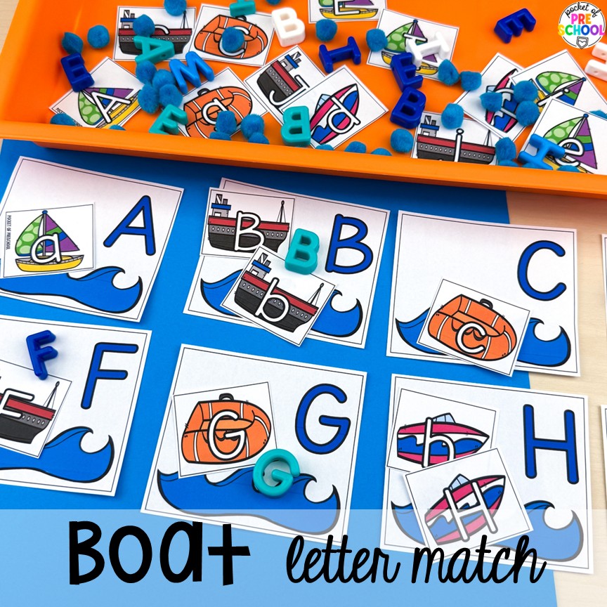 Transportation Centers and Activities (2 Freebies too) 7 Boat letter match! My go to Transportation themed math, writing, fine motor, sensory, reading, science activities, and more for preschool and kindergarten.