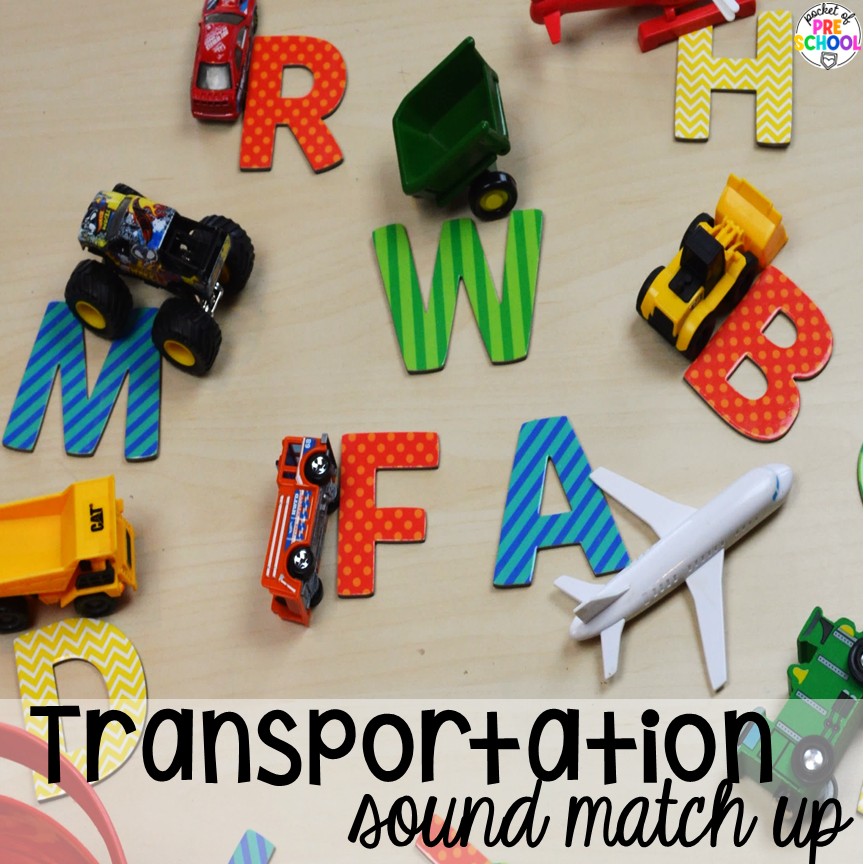 Transportation Centers and Activities (2 Freebies too) 8 Transportation sound match up! My go to Transportation themed math, writing, fine motor, sensory, reading, science activities, and more for preschool and kindergarten.