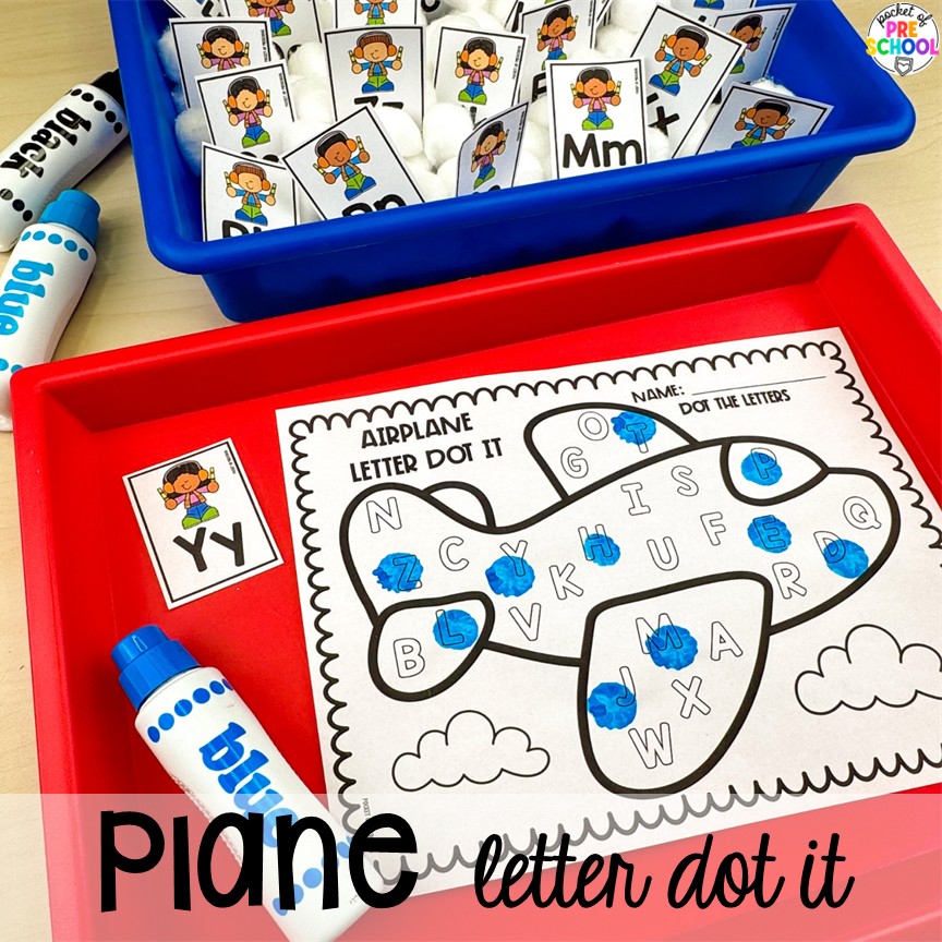 Transportation Centers and Activities (2 Freebies too) 9 Plane letter dot it! My go to Transportation themed math, writing, fine motor, sensory, reading, science activities, and more for preschool and kindergarten.