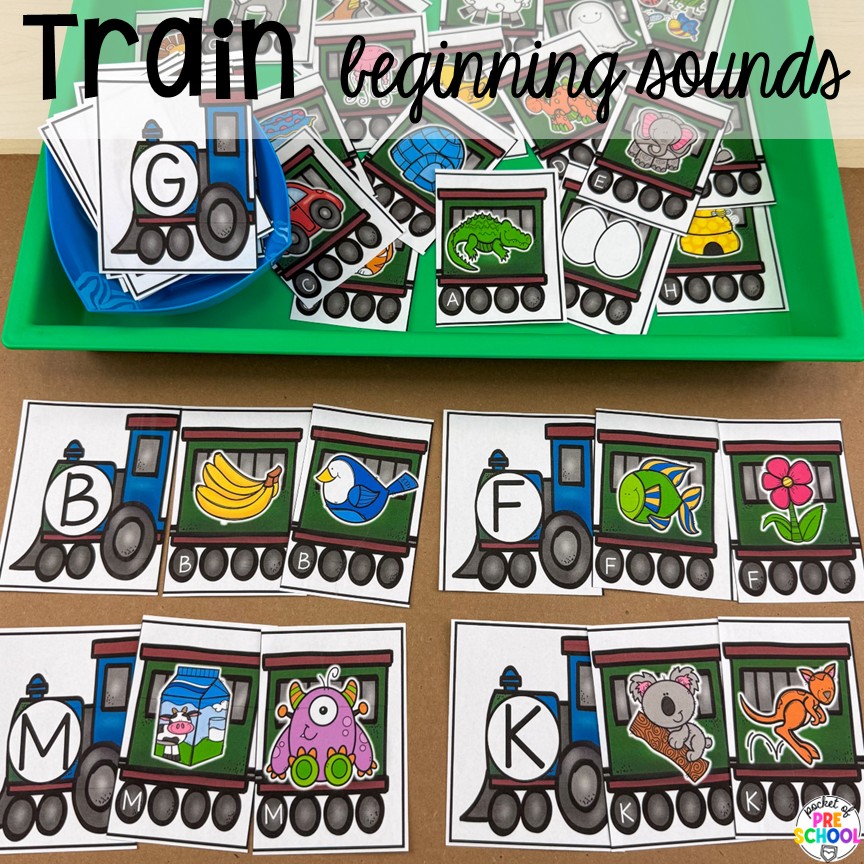 Transportation Centers and Activities (2 Freebies too) 10 Train beginning sounds! My go to Transportation themed math, writing, fine motor, sensory, reading, science activities, and more for preschool and kindergarten.