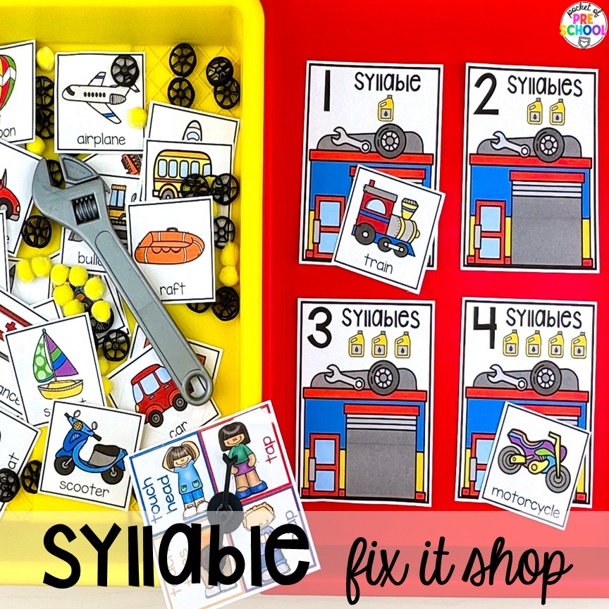 Transportation Centers and Activities (2 Freebies too) 11 Syllable fix it shop! My go to Transportation themed math, writing, fine motor, sensory, reading, science activities, and more for preschool and kindergarten.