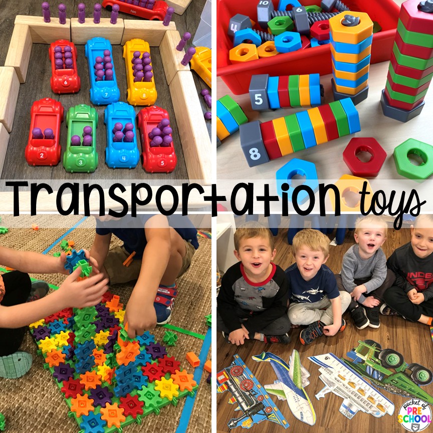 Transportation Centers and Activities (2 Freebies too) 12 Transportation toys! My go to Transportation themed math, writing, fine motor, sensory, reading, science activities, and more for preschool and kindergarten.