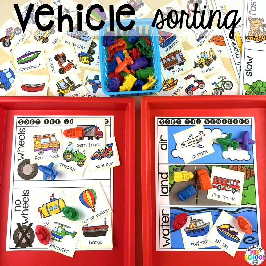 Transportation Centers and Activities (2 Freebies too) 13 Vehicle sorting! My go to Transportation themed math, writing, fine motor, sensory, reading, science activities, and more for preschool and kindergarten.