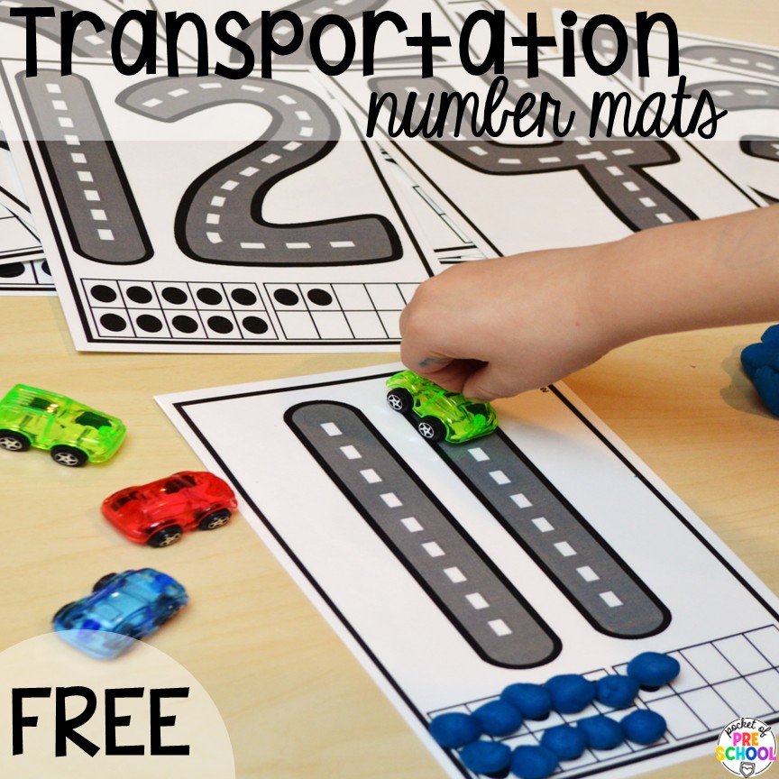 Transportation Centers and Activities (2 Freebies too) 14 Transportation number mats freebie! My go to Transportation themed math, writing, fine motor, sensory, reading, science activities, and more for preschool and kindergarten.