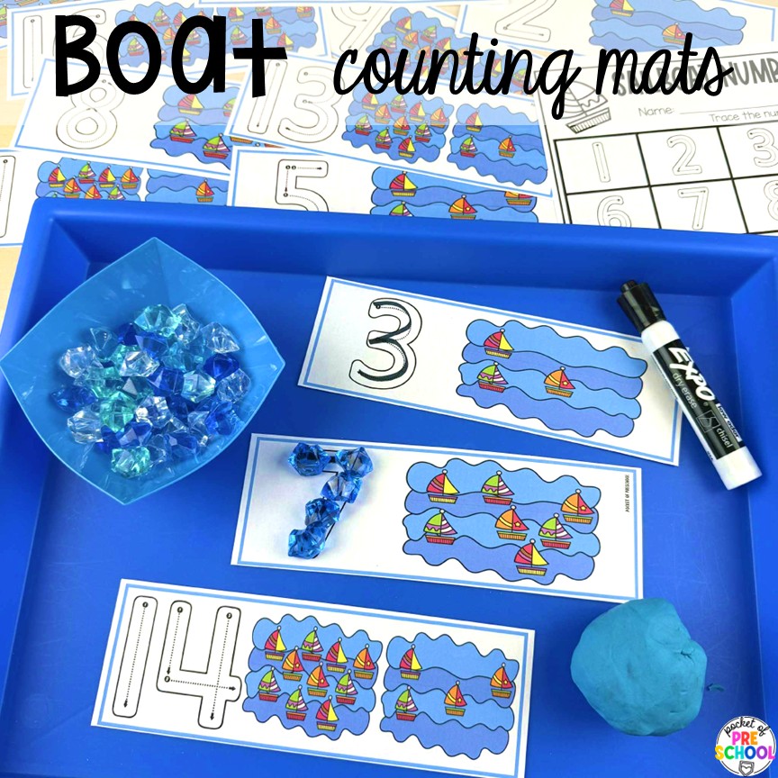 Transportation Centers and Activities (2 Freebies too) 16 Boat counting mats! My go to Transportation themed math, writing, fine motor, sensory, reading, science activities, and more for preschool and kindergarten.