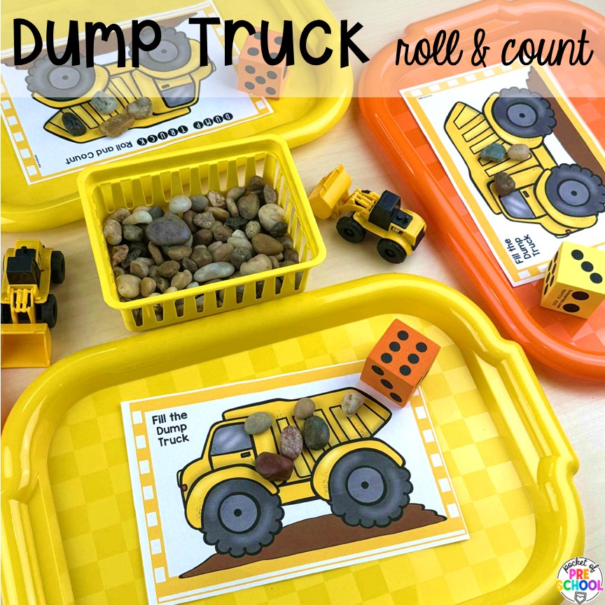 Transportation Centers and Activities (2 Freebies too) 17 Dump truck roll & count! My go to Transportation themed math, writing, fine motor, sensory, reading, science activities, and more for preschool and kindergarten.