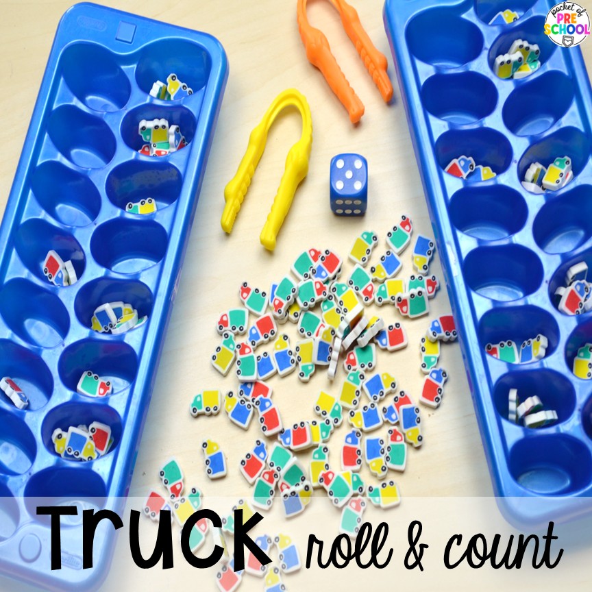 Transportation Centers and Activities (2 Freebies too) 18 Truck roll & count! My go to Transportation themed math, writing, fine motor, sensory, reading, science activities, and more for preschool and kindergarten.