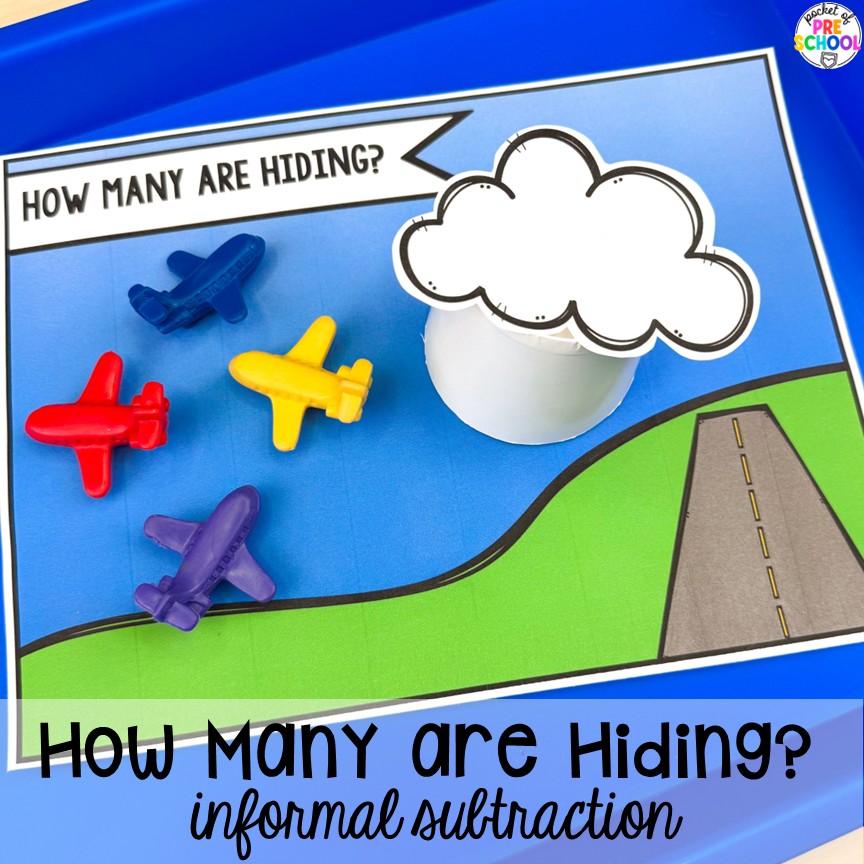 Transportation Centers and Activities (2 Freebies too) 20 How many are hiding? informal subtraction! My go to Transportation themed math, writing, fine motor, sensory, reading, science activities, and more for preschool and kindergarten.