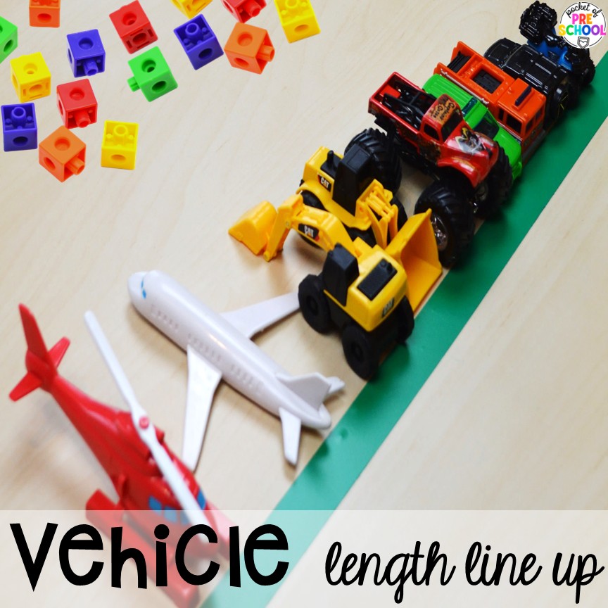 Transportation Centers and Activities (2 Freebies too) 21 Vehicle length line up! My go to Transportation themed math, writing, fine motor, sensory, reading, science activities, and more for preschool and kindergarten.