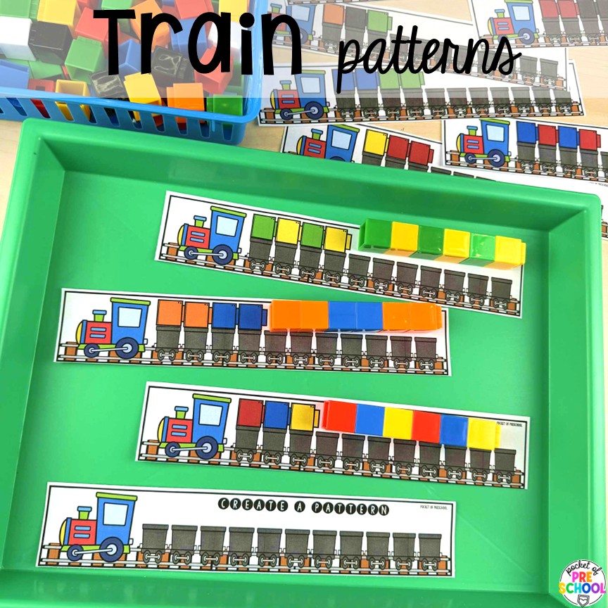 Transportation Centers and Activities (2 Freebies too) 22 Train patterns! My go to Transportation themed math, writing, fine motor, sensory, reading, science activities, and more for preschool and kindergarten.