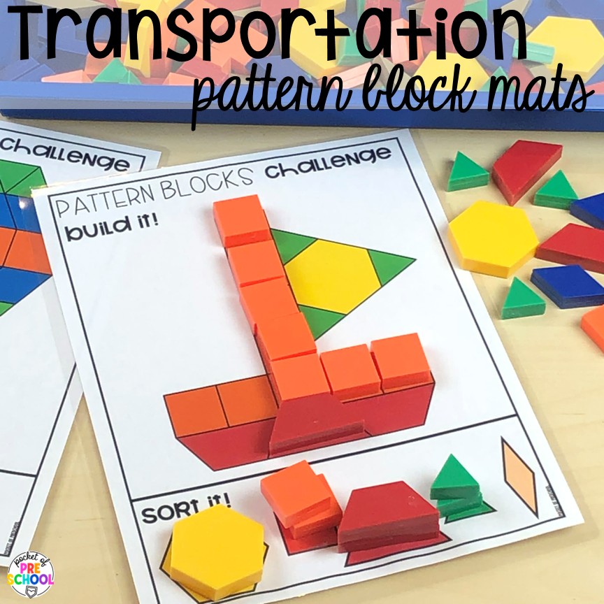 Transportation Centers and Activities (2 Freebies too) 25 Transportation pattern block mats! My go to Transportation themed math, writing, fine motor, sensory, reading, science activities, and more for preschool and kindergarten.