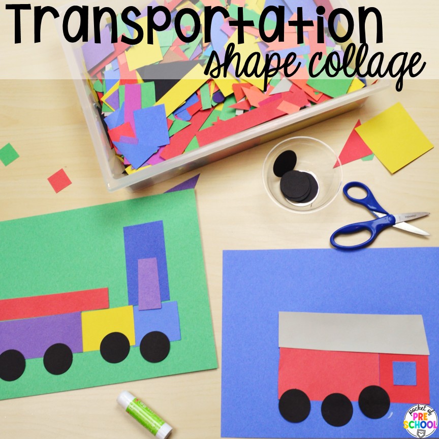 Transportation Centers and Activities (2 Freebies too) 28 Transportation shape collage! My go to Transportation themed math, writing, fine motor, sensory, reading, science activities, and more for preschool and kindergarten.