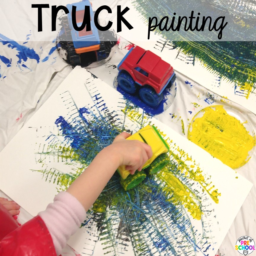 Transportation Centers and Activities (2 Freebies too) 29 Truck painting! My go to Transportation themed math, writing, fine motor, sensory, reading, science activities, and more for preschool and kindergarten.