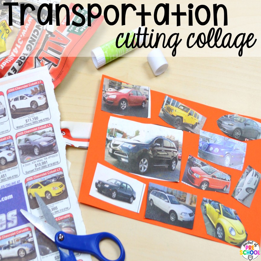 Transportation Centers and Activities (2 Freebies too) 30 Transportation cutting collage! My go to Transportation themed math, writing, fine motor, sensory, reading, science activities, and more for preschool and kindergarten.