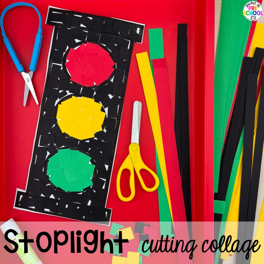 Transportation Centers and Activities (2 Freebies too) 31 Stoplight cutting collage! My go to Transportation themed math, writing, fine motor, sensory, reading, science activities, and more for preschool and kindergarten.