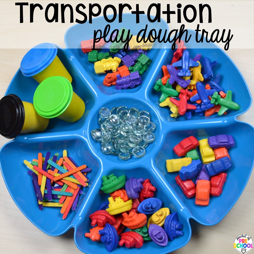 Transportation Centers and Activities (2 Freebies too) 32 Transportation play dough tray! My go to Transportation themed math, writing, fine motor, sensory, reading, science activities, and more for preschool and kindergarten.