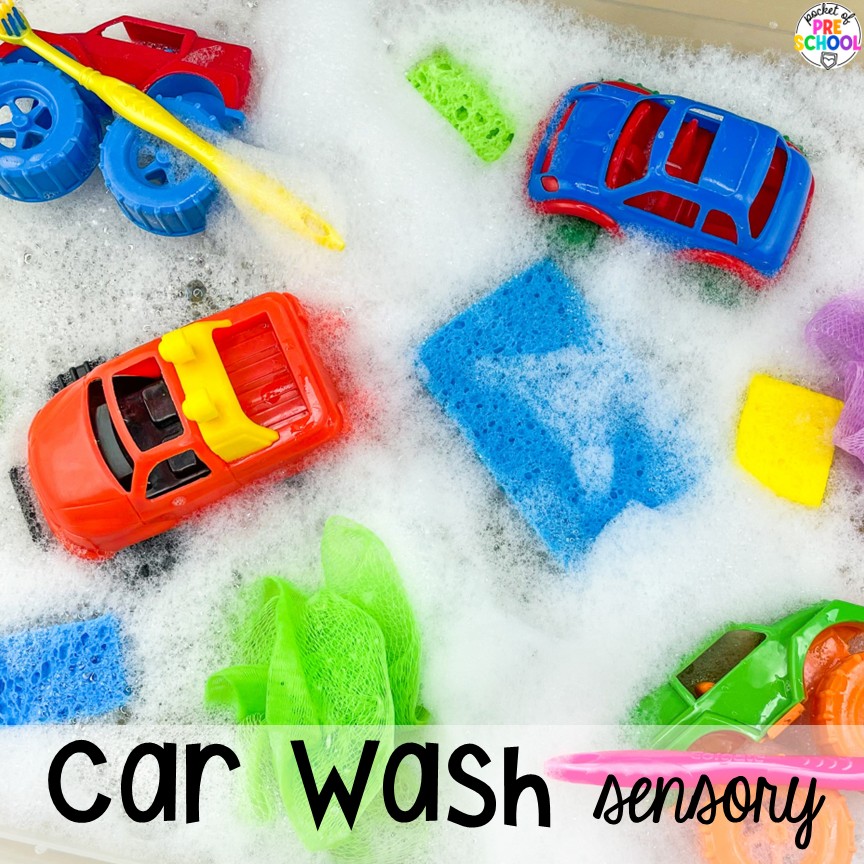 Transportation Centers and Activities (2 Freebies too) 34 Car wash sensory! My go to Transportation themed math, writing, fine motor, sensory, reading, science activities, and more for preschool and kindergarten.