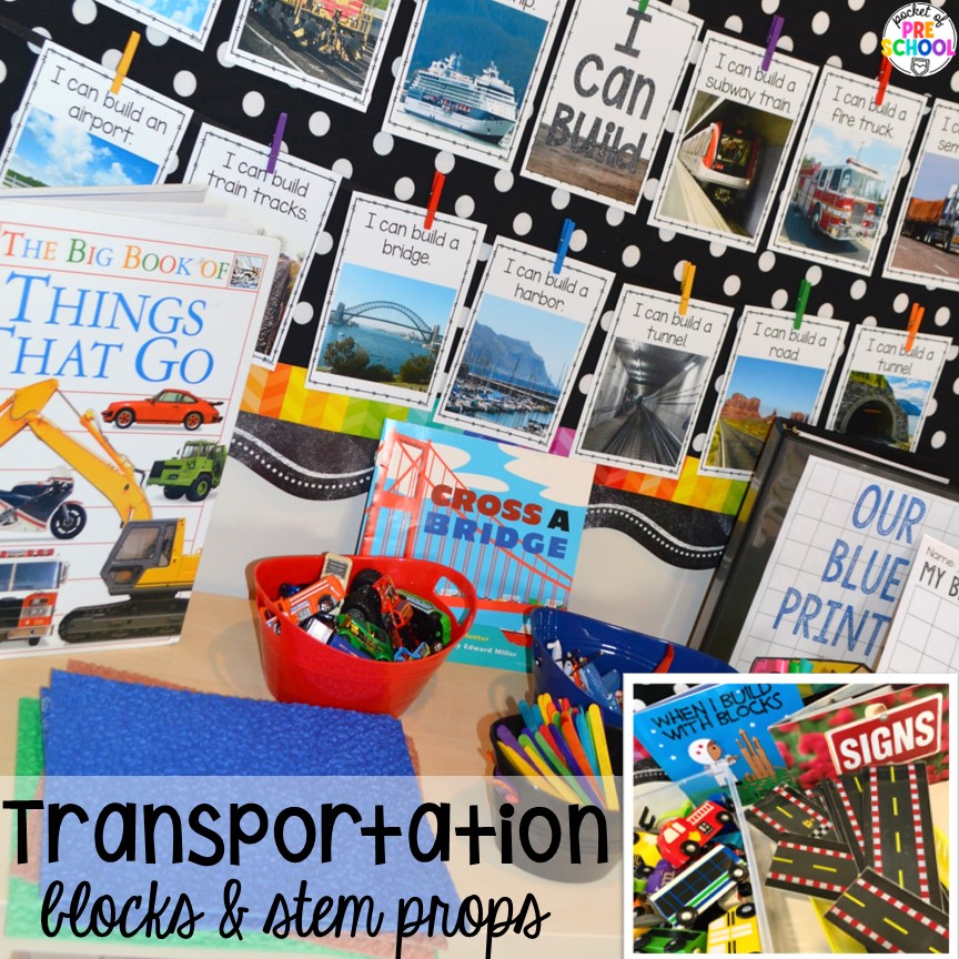 Transportation Centers and Activities (2 Freebies too) 35 Transportation blocks & STEM props! My go to Transportation themed math, writing, fine motor, sensory, reading, science activities, and more for preschool and kindergarten.