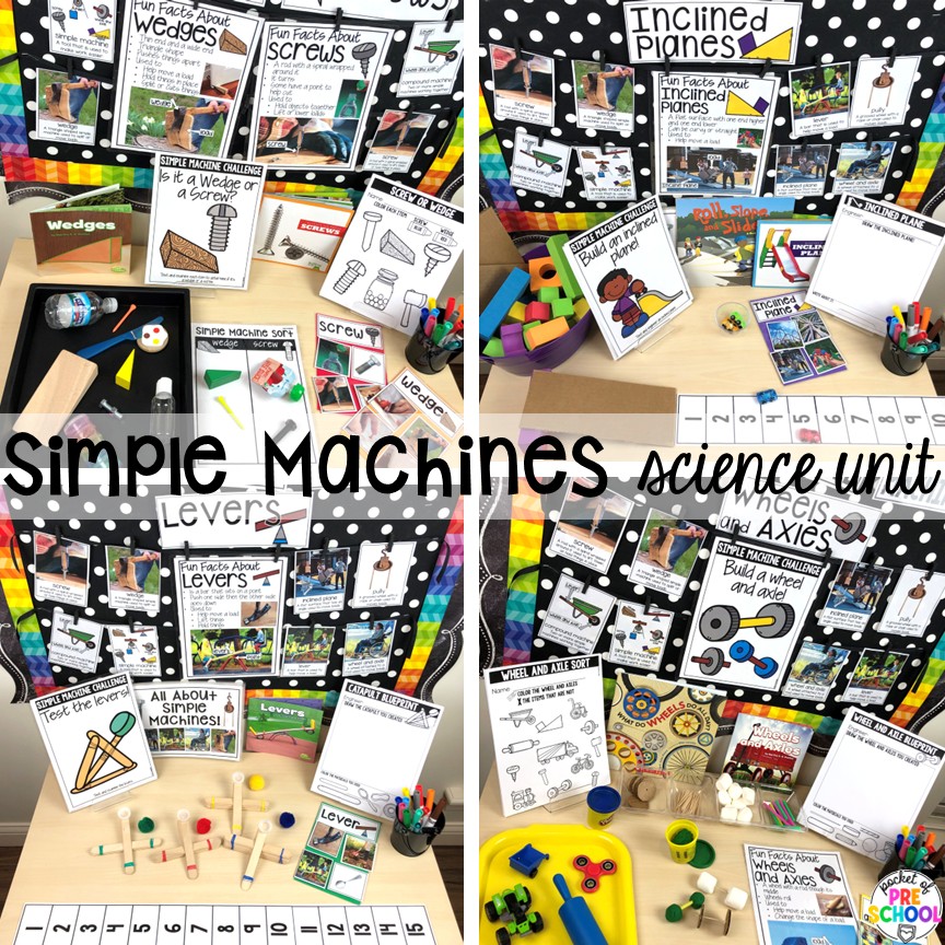 Transportation Centers and Activities (2 Freebies too) 38 Simple machines science unit! My go to Transportation themed math, writing, fine motor, sensory, reading, science activities, and more for preschool and kindergarten.