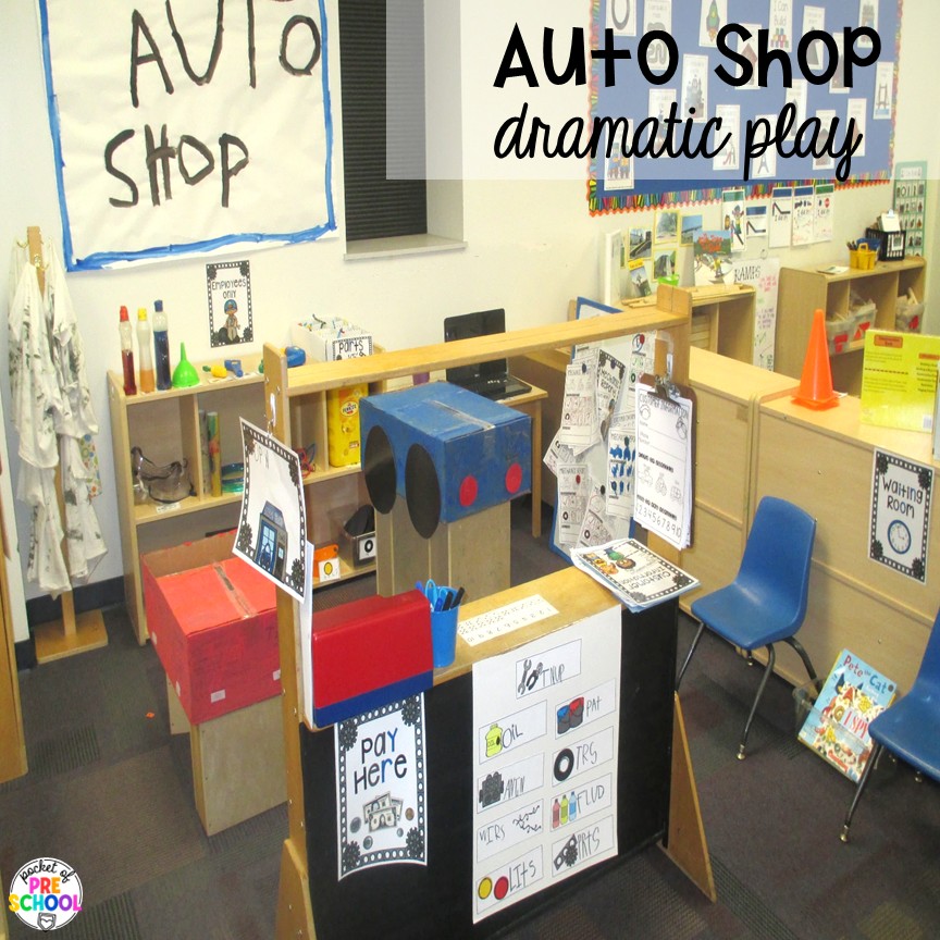 Transportation Centers and Activities (2 Freebies too) 39 Auto shop dramatic play! My go to Transportation themed math, writing, fine motor, sensory, reading, science activities, and more for preschool and kindergarten.