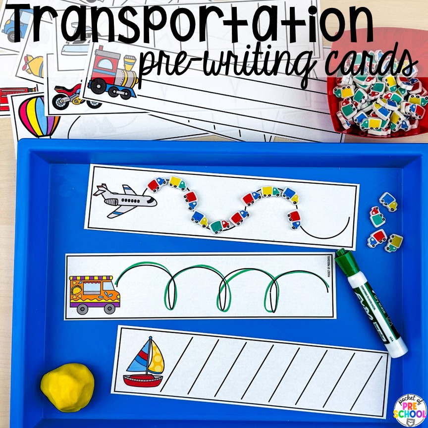 Transportation Centers and Activities (2 Freebies too) 27 Transportation pre-writing cards! My go to Transportation themed math, writing, fine motor, sensory, reading, science activities, and more for preschool and kindergarten.
