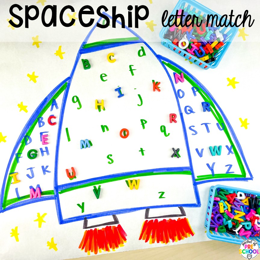 Transportation Centers and Activities (2 Freebies too) 6 Spaceship letter match! My go to Transportation themed math, writing, fine motor, sensory, reading, science activities, and more for preschool and kindergarten.