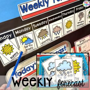 Weekly forecast! Try a news and weather station in your dramatic play area for tons of development of social skills, communication skills, math, literacy, and science skills. This is designed for preschool, pre-k, and kindergarten students.