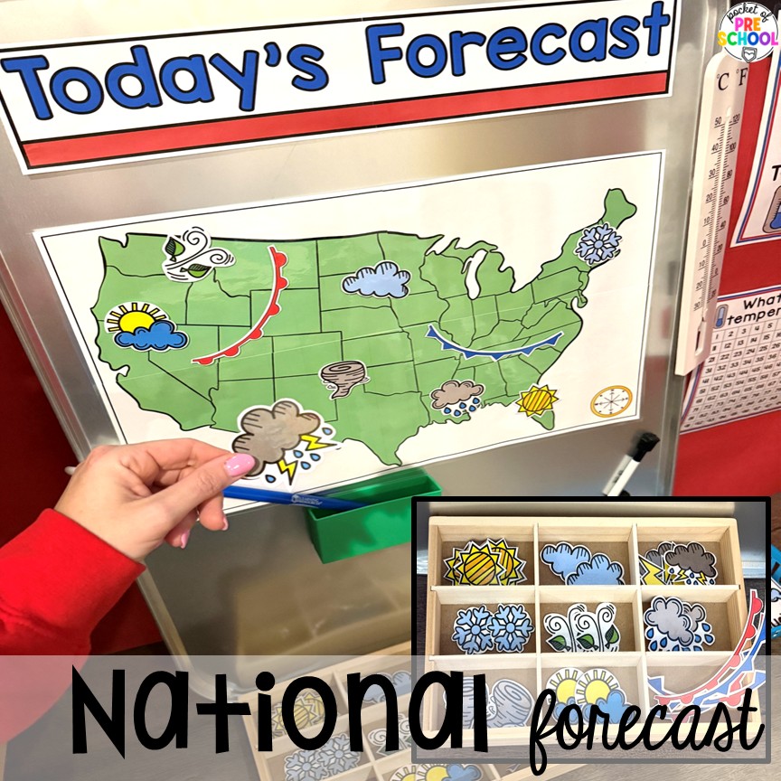 News & Weather Station Dramatic Play for Preschool, Pre-k, and Kindergarten 11 National forecast! Try a news and weather station in your dramatic play area for tons of development of social skills, communication skills, math, literacy, and science skills. This is designed for preschool, pre-k, and kindergarten students.