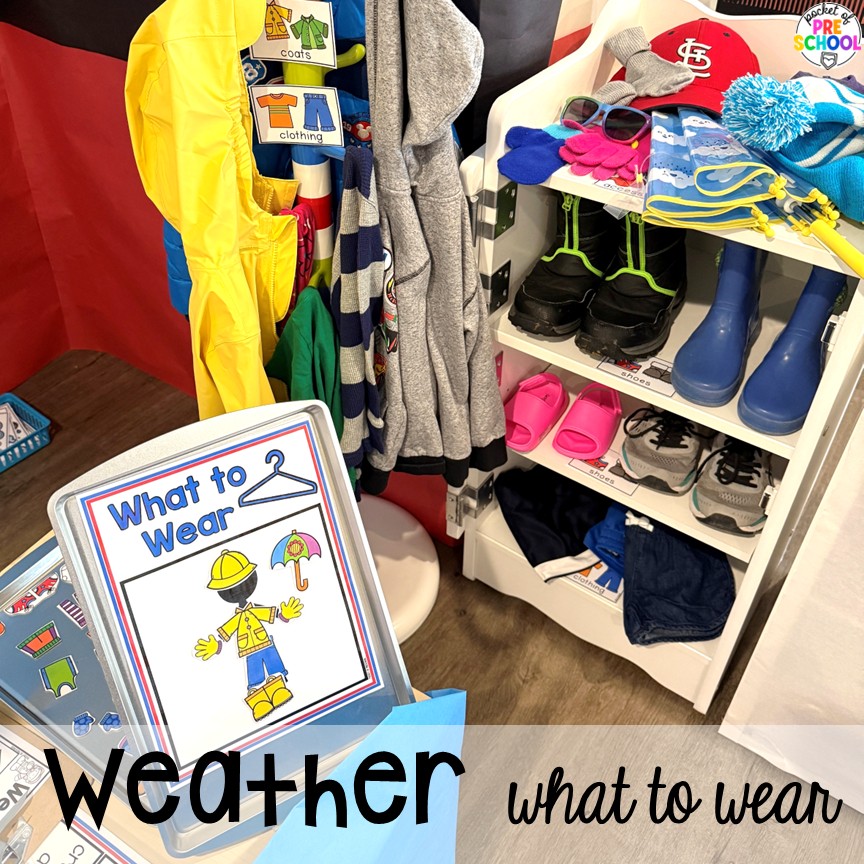 News & Weather Station Dramatic Play for Preschool, Pre-k, and Kindergarten 13 Weather what to wear! Try a news and weather station in your dramatic play area for tons of development of social skills, communication skills, math, literacy, and science skills. This is designed for preschool, pre-k, and kindergarten students.