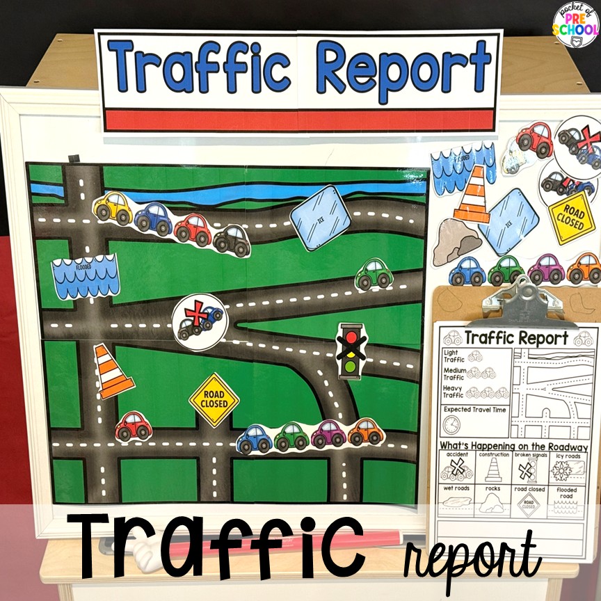 News & Weather Station Dramatic Play for Preschool, Pre-k, and Kindergarten 16 Traffic report! Try a news and weather station in your dramatic play area for tons of development of social skills, communication skills, math, literacy, and science skills. This is designed for preschool, pre-k, and kindergarten students.