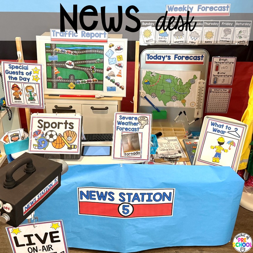 News & Weather Station Dramatic Play for Preschool, Pre-k, and Kindergarten 2 News desk! Try a news and weather station in your dramatic play area for tons of development of social skills, communication skills, math, literacy, and science skills. This is designed for preschool, pre-k, and kindergarten students.