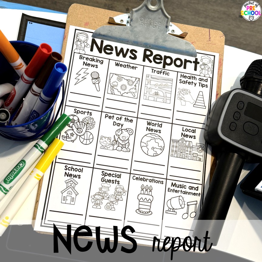 News & Weather Station Dramatic Play for Preschool, Pre-k, and Kindergarten 20 News report! Try a news and weather station in your dramatic play area for tons of development of social skills, communication skills, math, literacy, and science skills. This is designed for preschool, pre-k, and kindergarten students.