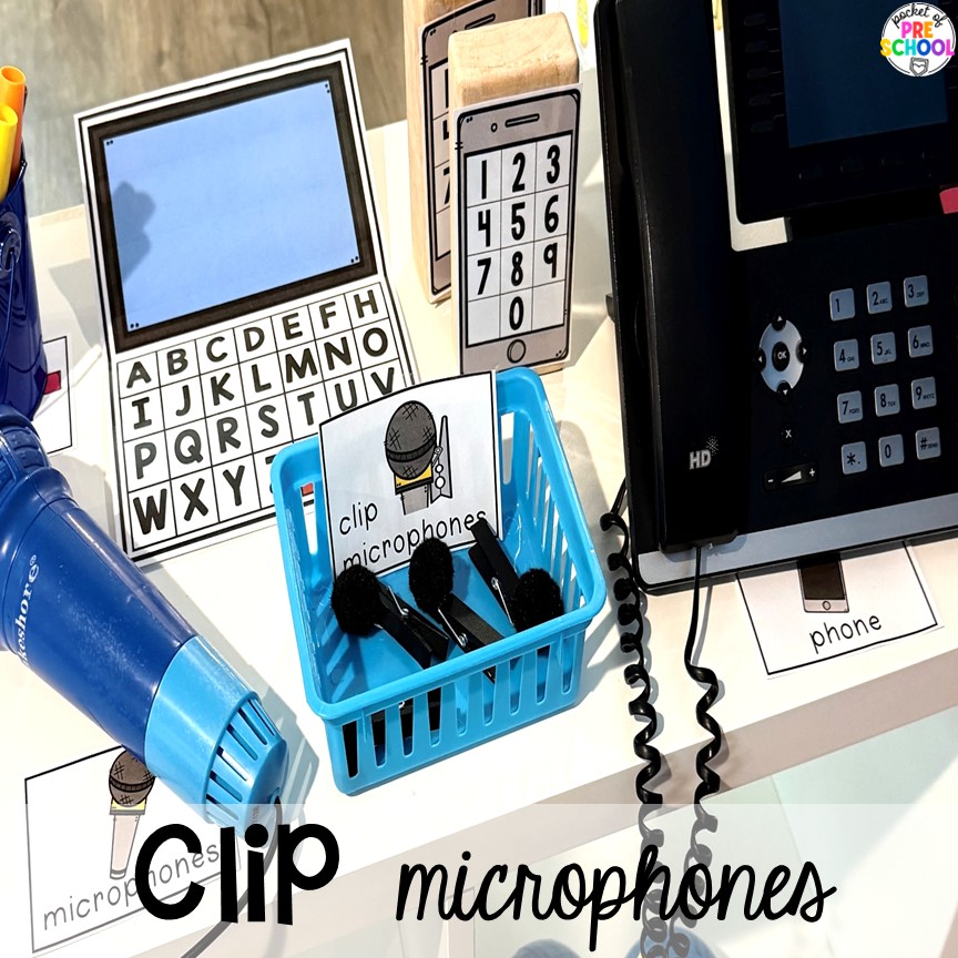 News & Weather Station Dramatic Play for Preschool, Pre-k, and Kindergarten 4 Clip microphones! Try a news and weather station in your dramatic play area for tons of development of social skills, communication skills, math, literacy, and science skills. This is designed for preschool, pre-k, and kindergarten students.