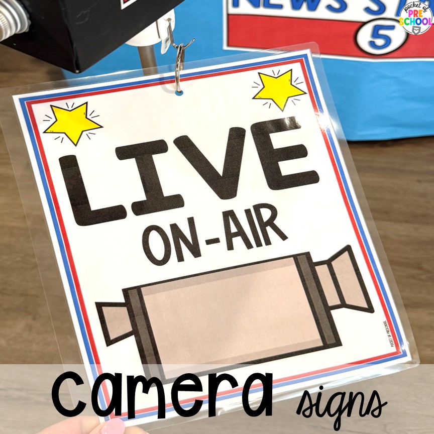 News & Weather Station Dramatic Play for Preschool, Pre-k, and Kindergarten 6 Camera signs! Try a news and weather station in your dramatic play area for tons of development of social skills, communication skills, math, literacy, and science skills. This is designed for preschool, pre-k, and kindergarten students.
