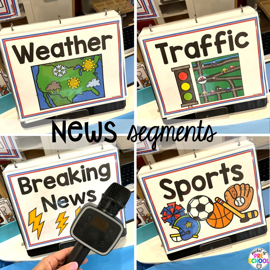 News & Weather Station Dramatic Play for Preschool, Pre-k, and Kindergarten 7 News segments! Try a news and weather station in your dramatic play area for tons of development of social skills, communication skills, math, literacy, and science skills. This is designed for preschool, pre-k, and kindergarten students.
