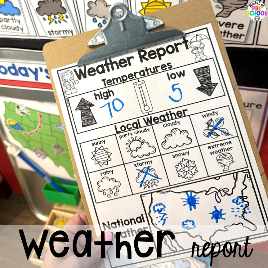 News & Weather Station Dramatic Play for Preschool, Pre-k, and Kindergarten 9 Weather report! Try a news and weather station in your dramatic play area for tons of development of social skills, communication skills, math, literacy, and science skills. This is designed for preschool, pre-k, and kindergarten students.