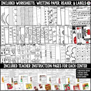 apple centers preview (1) Apple Math and Literacy Centers are loaded with fun, hands-on, apple-themed activities to help your students build math and literacy concepts! Now includes two fine motor activities, one writing center, six literacy activities, and eight math activities.
