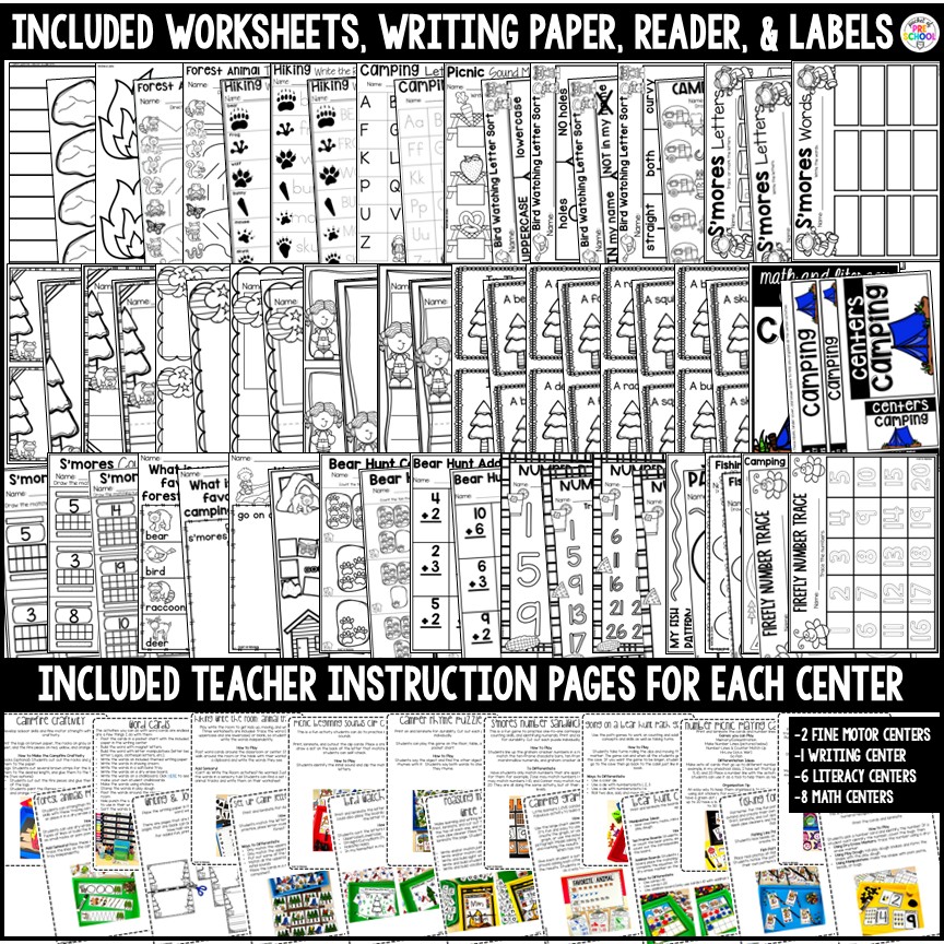 Camping Math and Literacy Centers for Preschool, Pre-K, and Kindergarten 2 Have a camping theme in your preschool, pre-k, or kindergarten classroom while learning math and literacy skills.