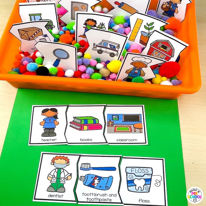 Community Helpers Math and Literacy Centers for Preschool, Pre-K, and Kinder 12 Community Helpers Math and Literacy Centers are loaded with fun, hands-on community helper-themed activities to help your students build math and literacy concepts! Now includes two fine motor activities, one writing center, six literacy activities, and eight math activities.
