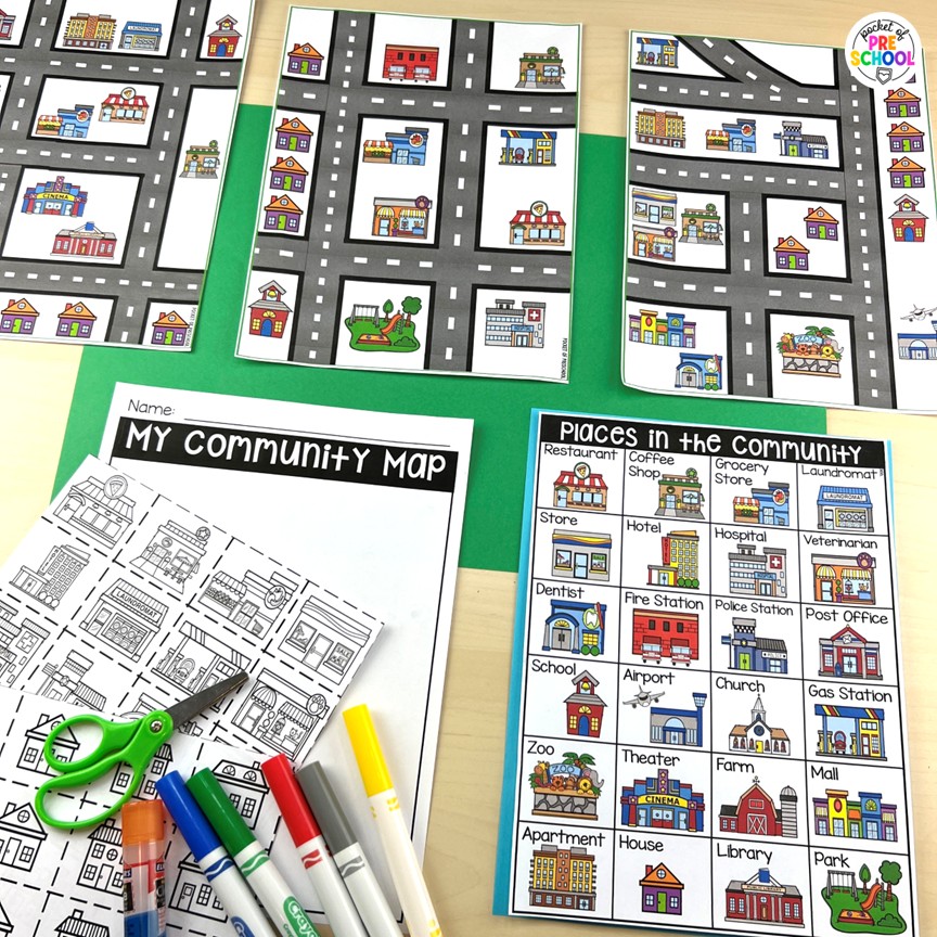 Community Helpers Math and Literacy Centers for Preschool, Pre-K, and Kinder 7 Community Helpers Math and Literacy Centers are loaded with fun, hands-on community helper-themed activities to help your students build math and literacy concepts! Now includes two fine motor activities, one writing center, six literacy activities, and eight math activities.