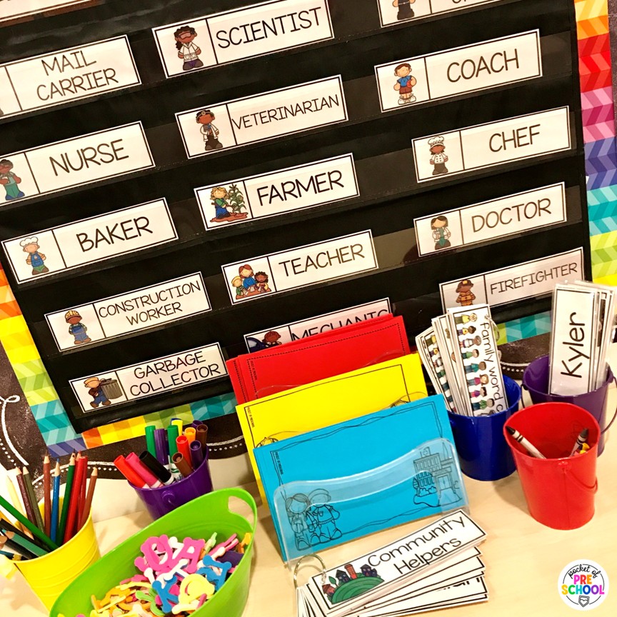 Community Helpers Math and Literacy Centers for Preschool, Pre-K, and Kinder 20 Community Helpers Math and Literacy Centers are loaded with fun, hands-on community helper-themed activities to help your students build math and literacy concepts! Now includes two fine motor activities, one writing center, six literacy activities, and eight math activities.