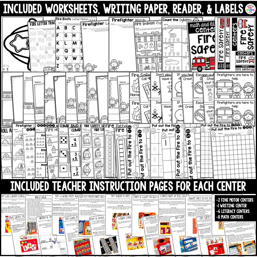 Fire Safety Math and Literacy Centers 2 Fire Safety Math and Literacy Centers are loaded with fun, hands-on firefighter-themed activities to help your students build math and literacy concepts! It includes two fine motor activities, one writing center, six literacy activities, and eight math activities.