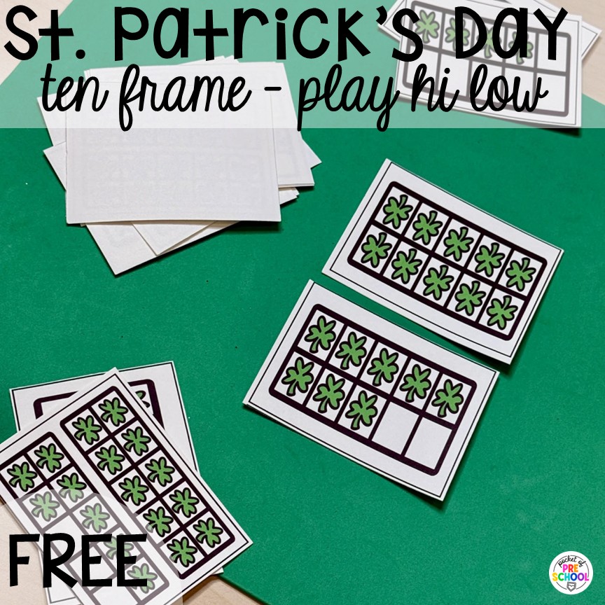St. Patrick's Day Centers and Activities 19 St. Patrick's Day freebie! St. Patrick's Day Centers and Activities (math, literacy, writing, sensory, fine motor, art, STEM, blocks, science) and FREE ten frame shamrock cards for preschool, pre-k, and kindergarten.
