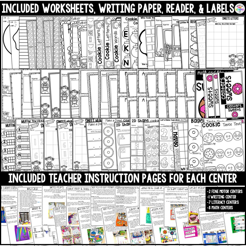 Theme Math and Literacy Centers BUNDLE for Preschool, Pre-K, TK, & Kindergarten 12 Sweets Math and Literacy Centers are loaded with fun, hands-on sweets-themed activities to help your students build math and literacy concepts! Perfect for a bakery and 5 senses theme. It now includes two fine motor centers, one writing center, seven literacy centers, and eight math centers.