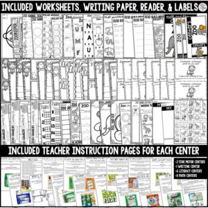 Zoo math & literacy centers for preschool, pre-k, & kindergarten to practice academic skills with a fun zoo theme.