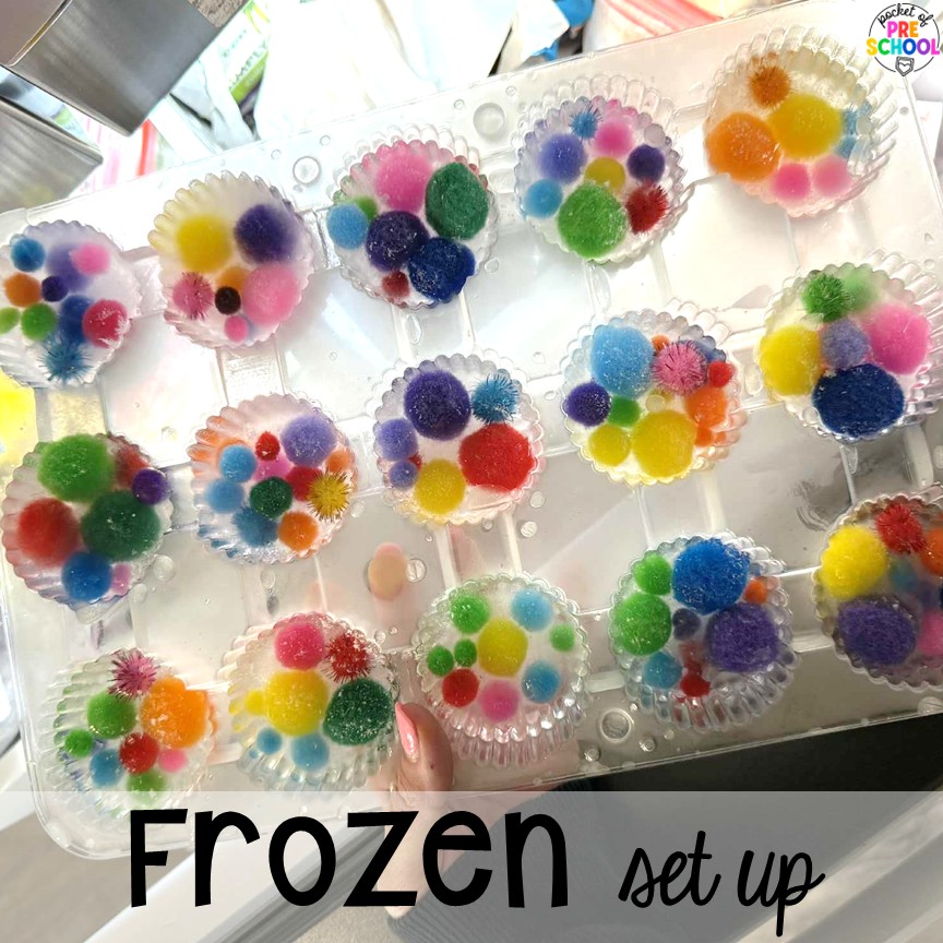 All About Frozen Escapes For Sensory Play For Preschool, Pre-K, & Kindergarten 2 Pom pom ice cups! Frozen escapes are a wonderful sensory option for students to practice literacy, math, or science skills. Freeze some manipulatives and let your preschool, pre-k, or kindergarten students explore!