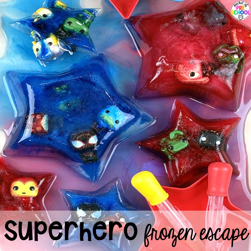 All About Frozen Escapes For Sensory Play For Preschool, Pre-K, & Kindergarten 8 Superhero escape! Frozen escapes are a wonderful sensory option for students to practice literacy, math, or science skills. Freeze some manipulatives and let your preschool, pre-k, or kindergarten students explore!