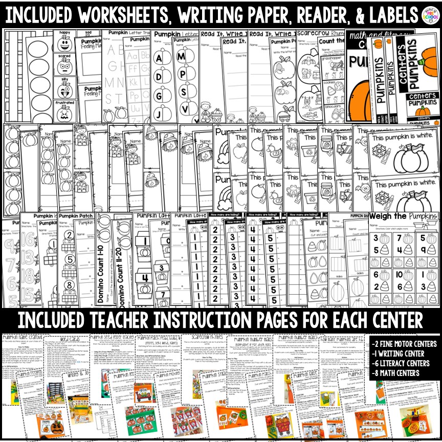 Pumpkin Math and Literacy Centers for Preschool, Pre-K, and Kindergarten 2 Pumpkin Math and Literacy Centers are loaded with fun, hands-on pumpkin-themed activities to help your students build math and literacy concepts! Now includes two fine motor activities, one writing center, six literacy activities, and eight math activities.